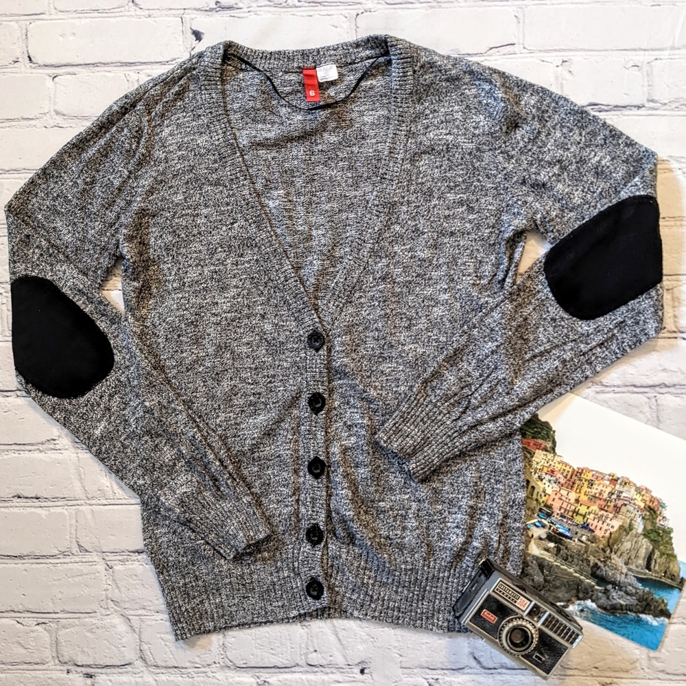 Women's Gray Button-Front Cardigan Sweater with Black Elbow Patches